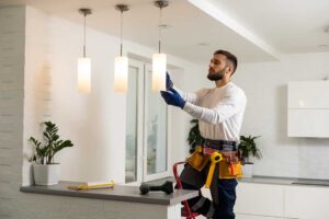 A person adjusting a home thermostat while sunlight comes through a nearby window.