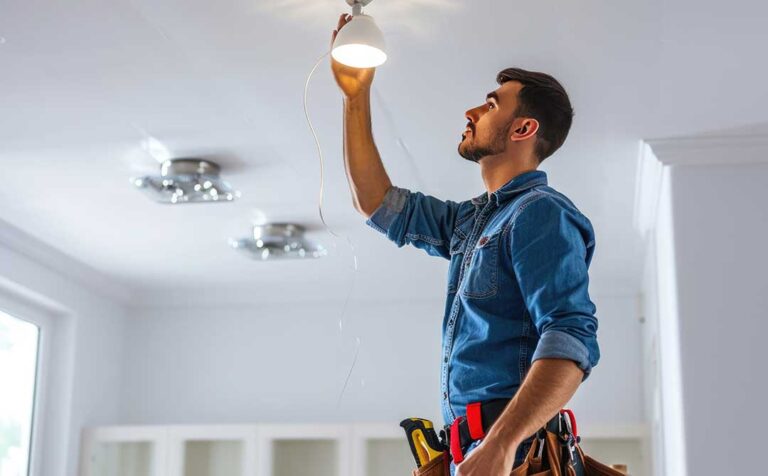 Electrician inspecting a discolored wall outlet beside a power strip in a residential room.