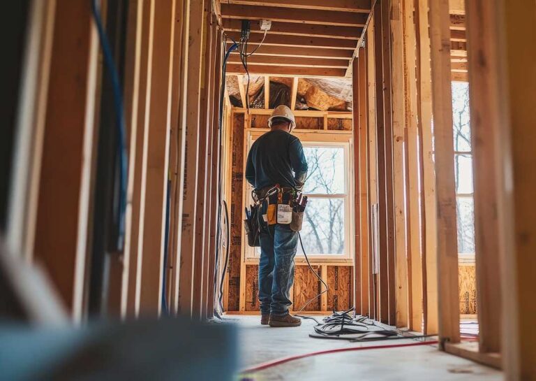 A homeowner examines a labeled electrical panel with circuit breakers inside a clean utility area.